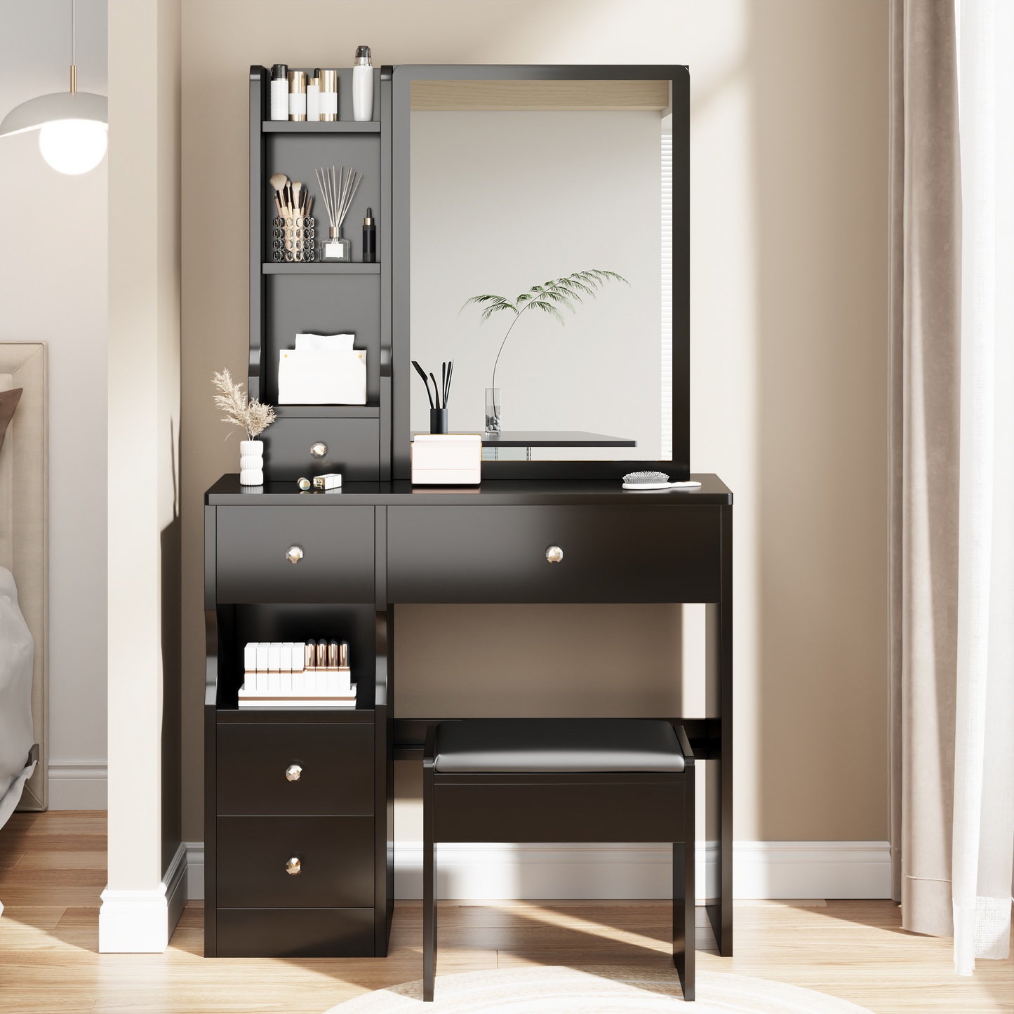 Chic Compact Vanity Set with Cushioned Stool & Sliding Mirror