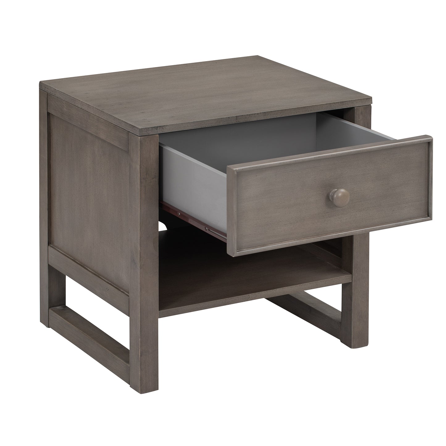 Charming Gray Wooden Nightstand with Drawer and Open Shelf