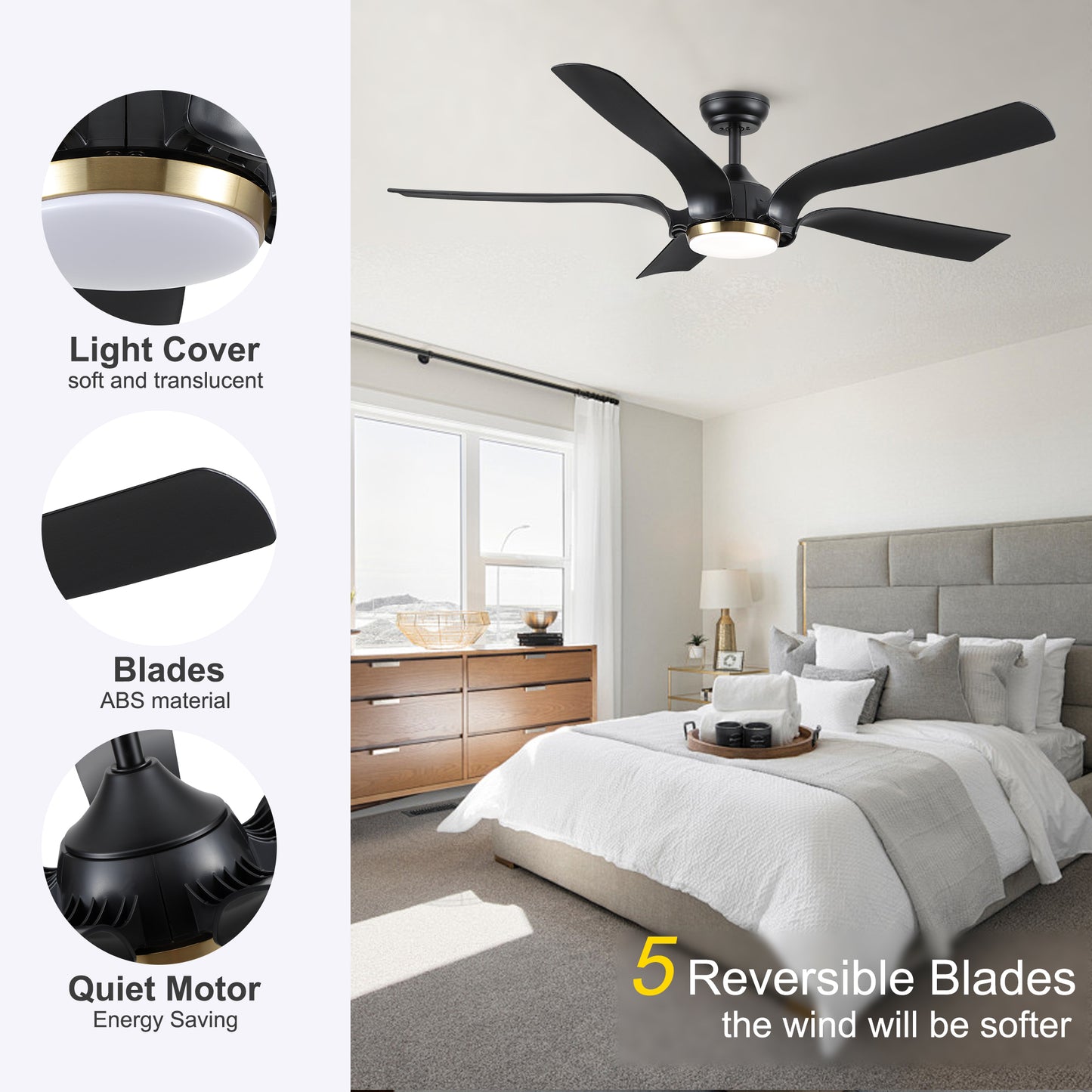 Smart Ceiling Fan with Sleek Matte Black Finish and Antique Brown Blades