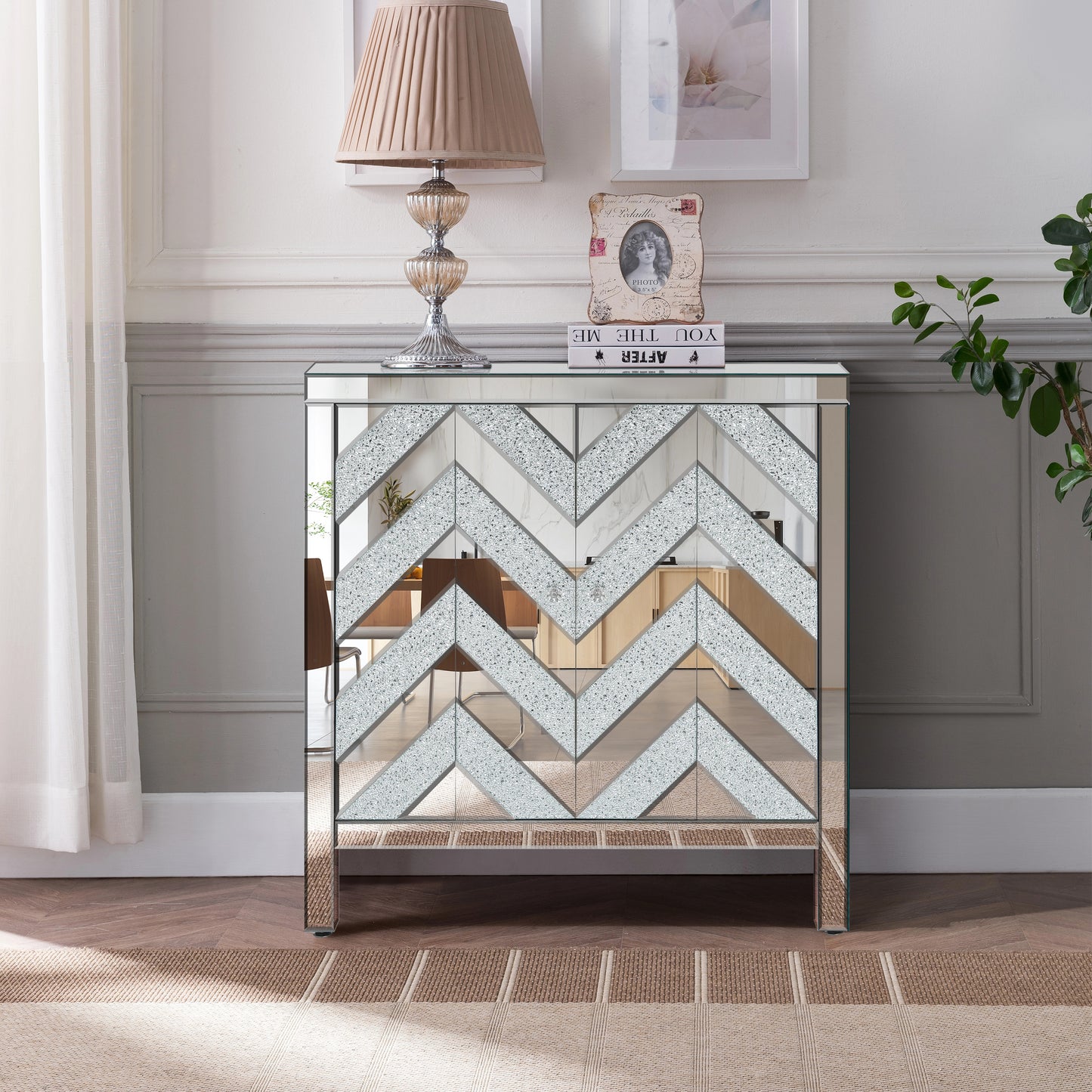 Chic Mirror-Trimmed Storage Cabinet