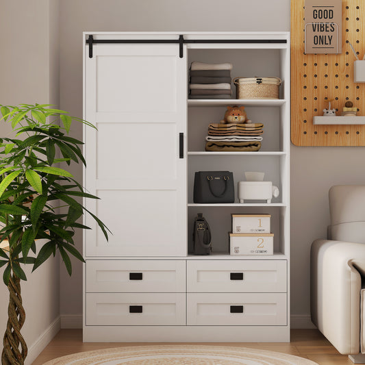 Chic Barn Door Wardrobe with Shelves and Drawers