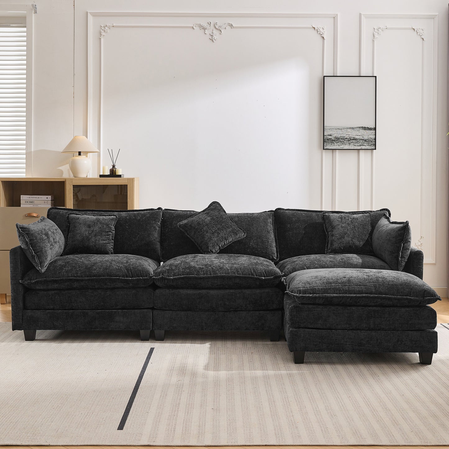 Chic L-Shape Chenille Sofa with Ottoman & Pillows