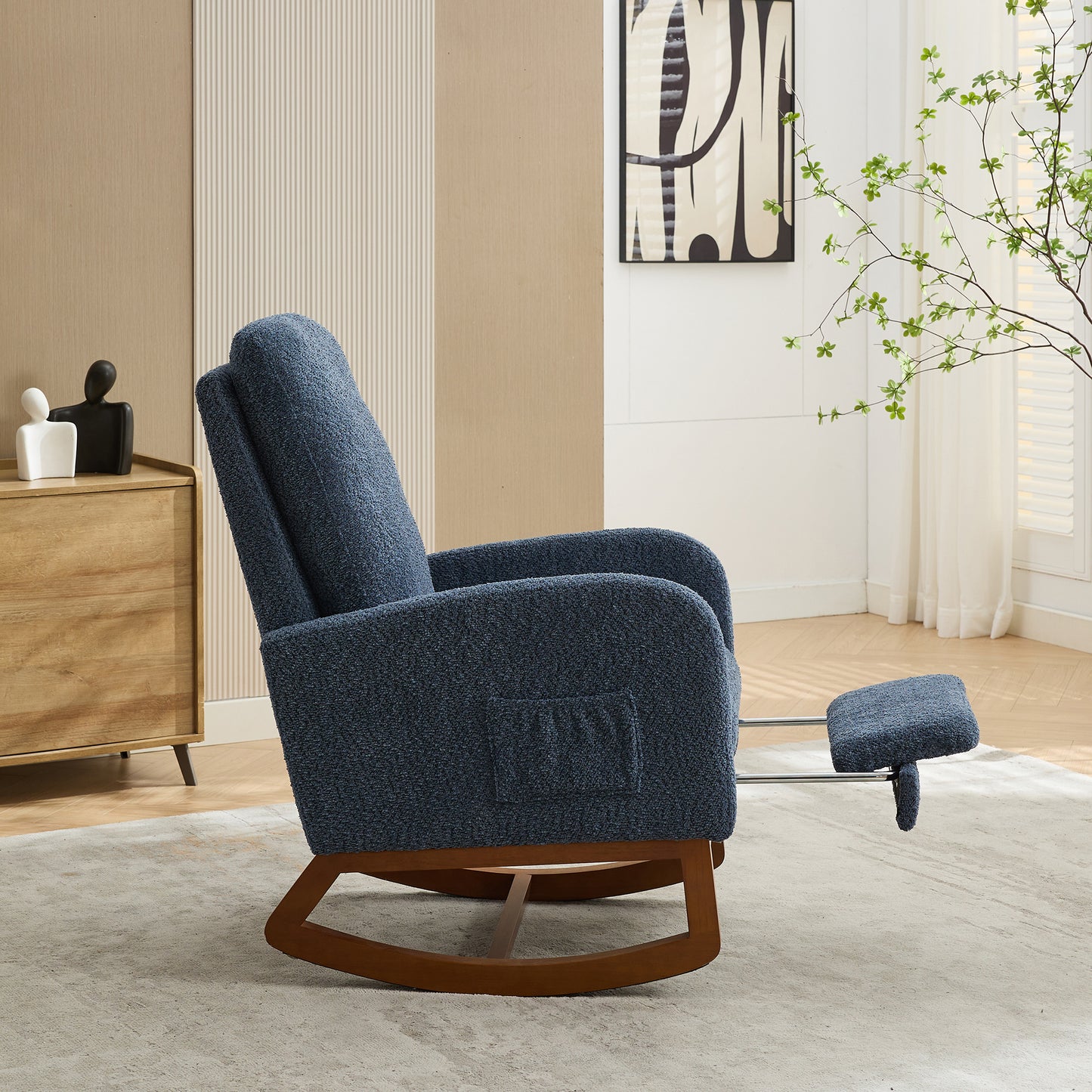 Navy Rocking Glider Chair with Footrest and Side Pocket