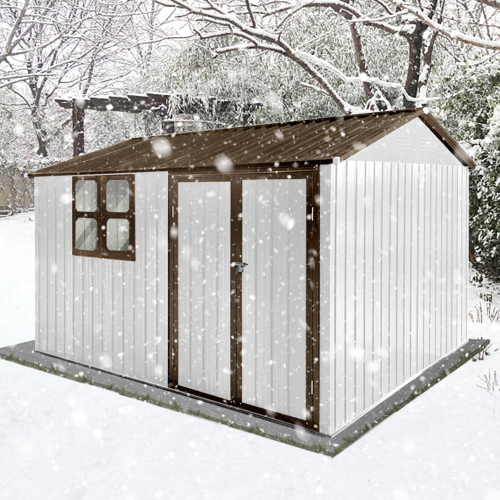 Chic White and Coffee Garden Shed with Windows