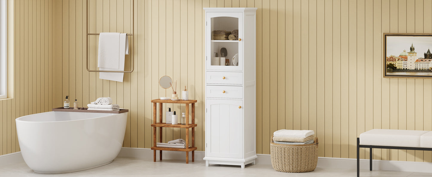 Chic Tall Bathroom Cabinet with Glass Doors & Adjustable Shelves