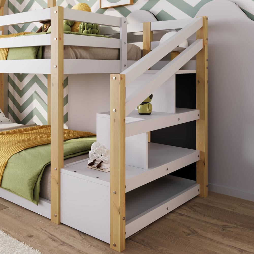 Cozy Twin House Bunk Bed with Storage Steps & 2 Fun Blackboards