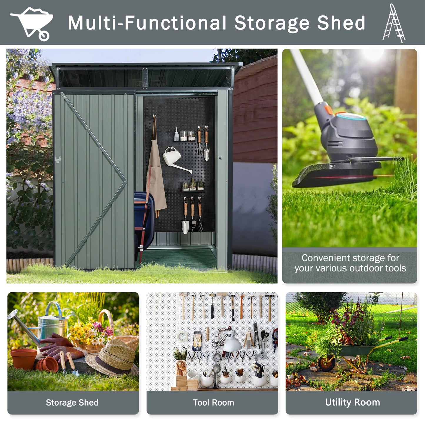 Gray Outdoor Metal Storage Shed with Clear Panels