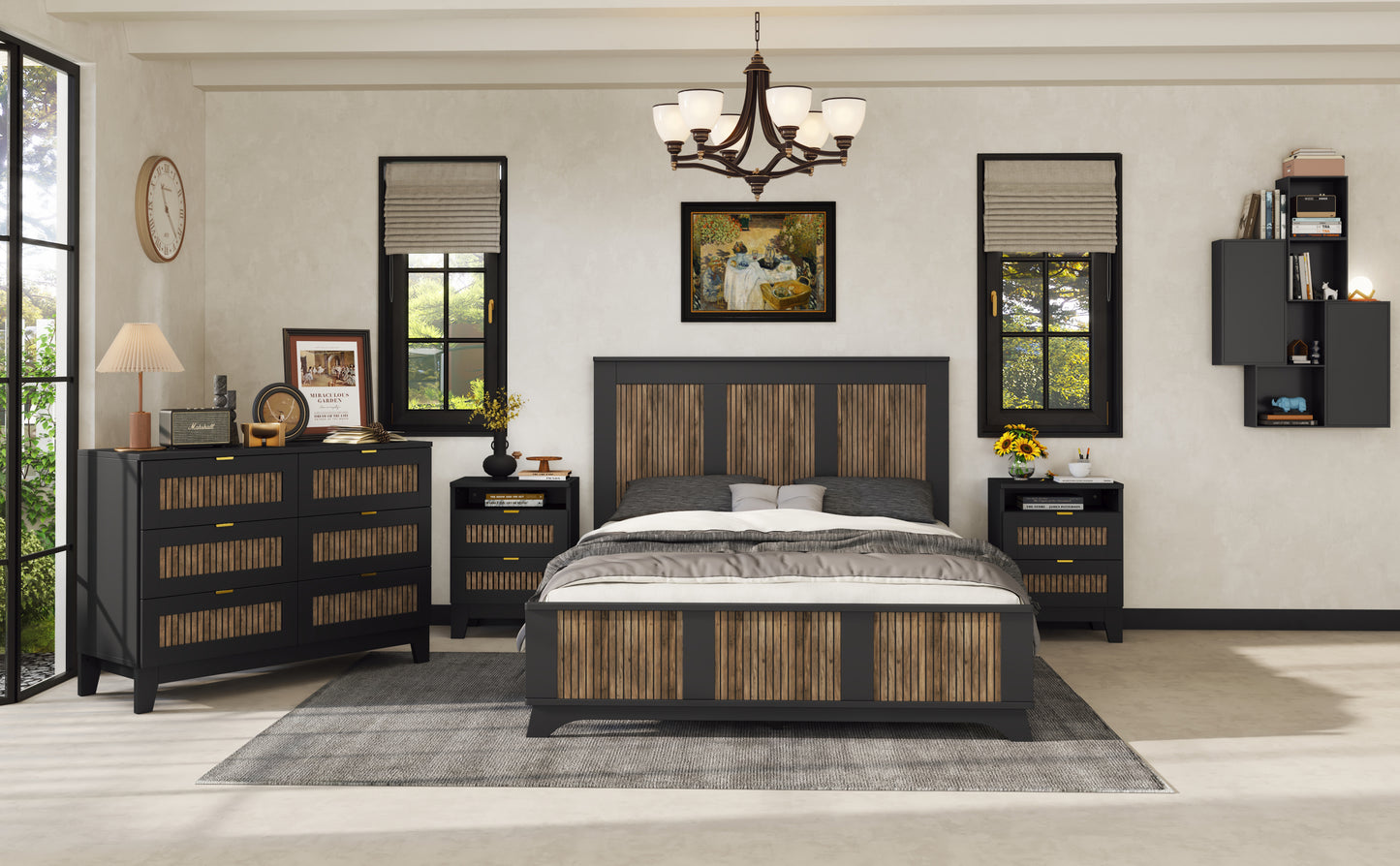 Farmhouse Queen Bedroom Set – Chic Bed, Nightstand, & Dresser