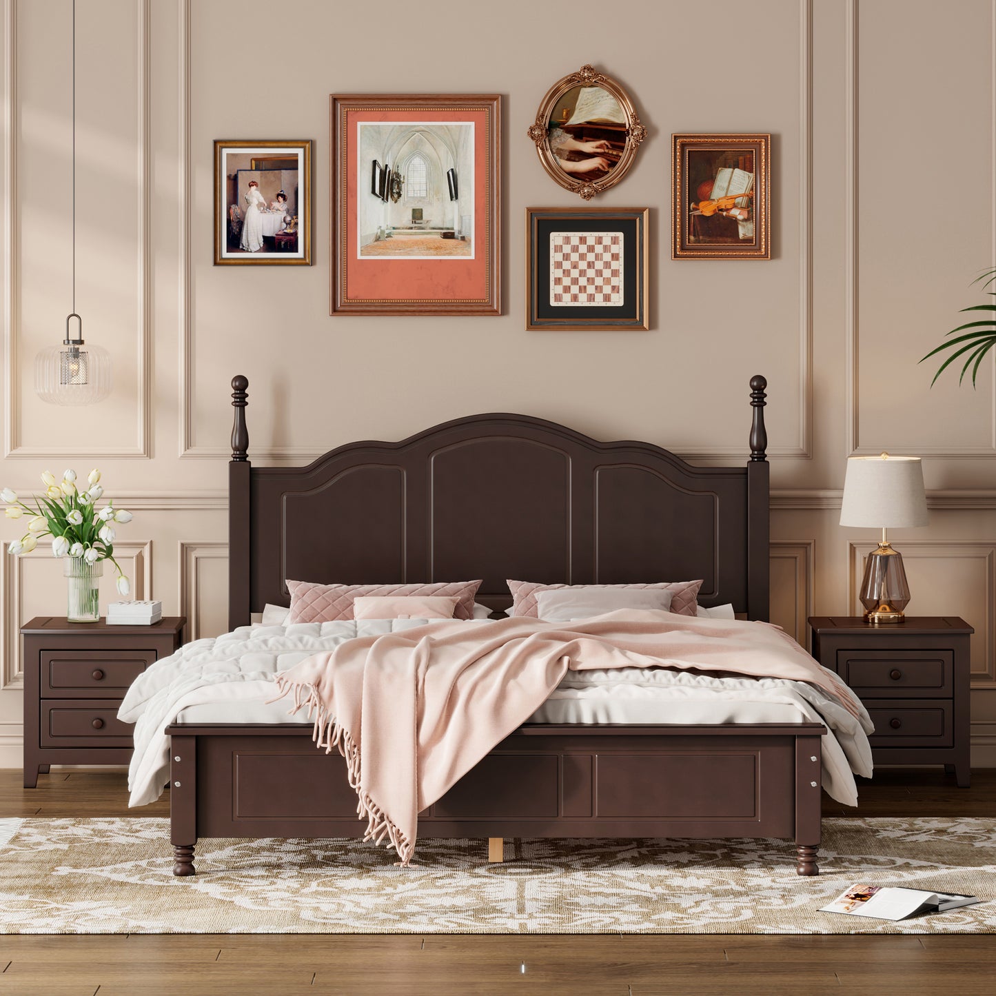 Chic Walnut Bedroom Set with Bed and Nightstands