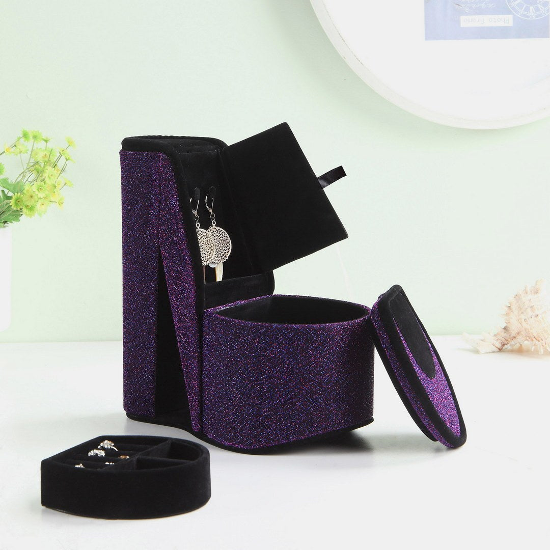 Chic Purple Velvet High Heel Jewelry Box with Secret Storage