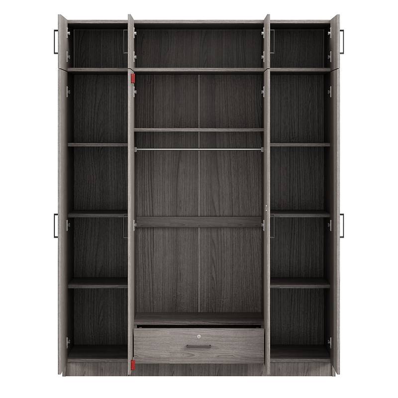 Stylish Gray Four-Door Wardrobe with Drawer and Cabinet