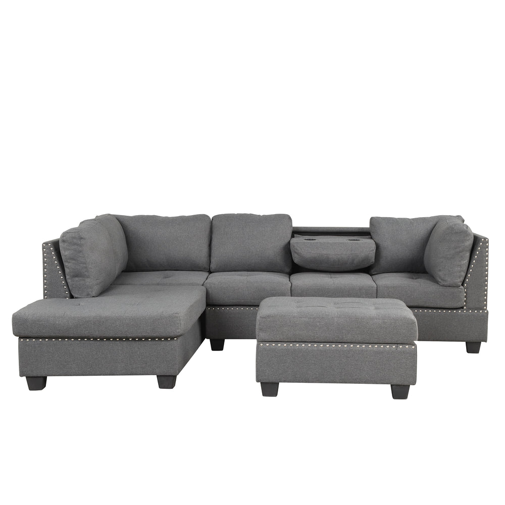 Cozy Gray Reversible Sectional Sofa with Storage Ottoman