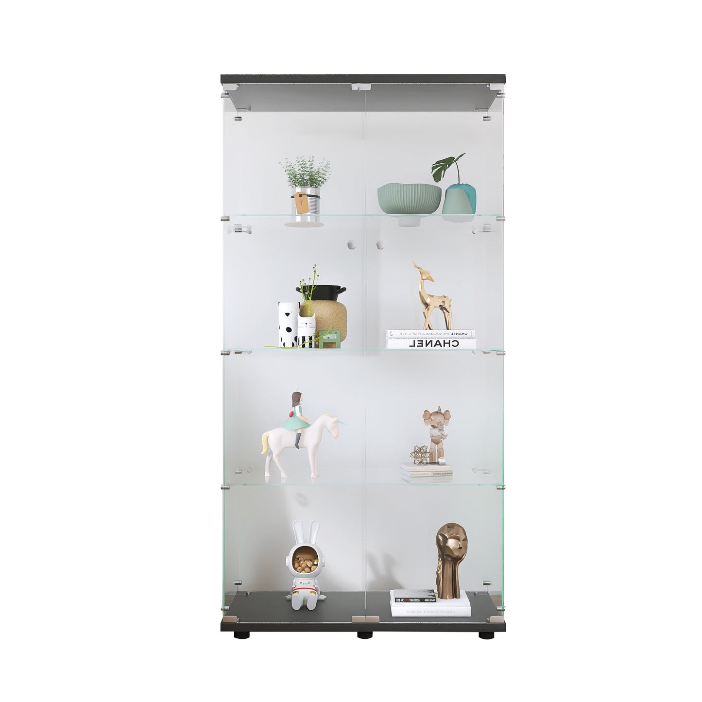 Stylish Black Glass Display Cabinet with 4 Shelves