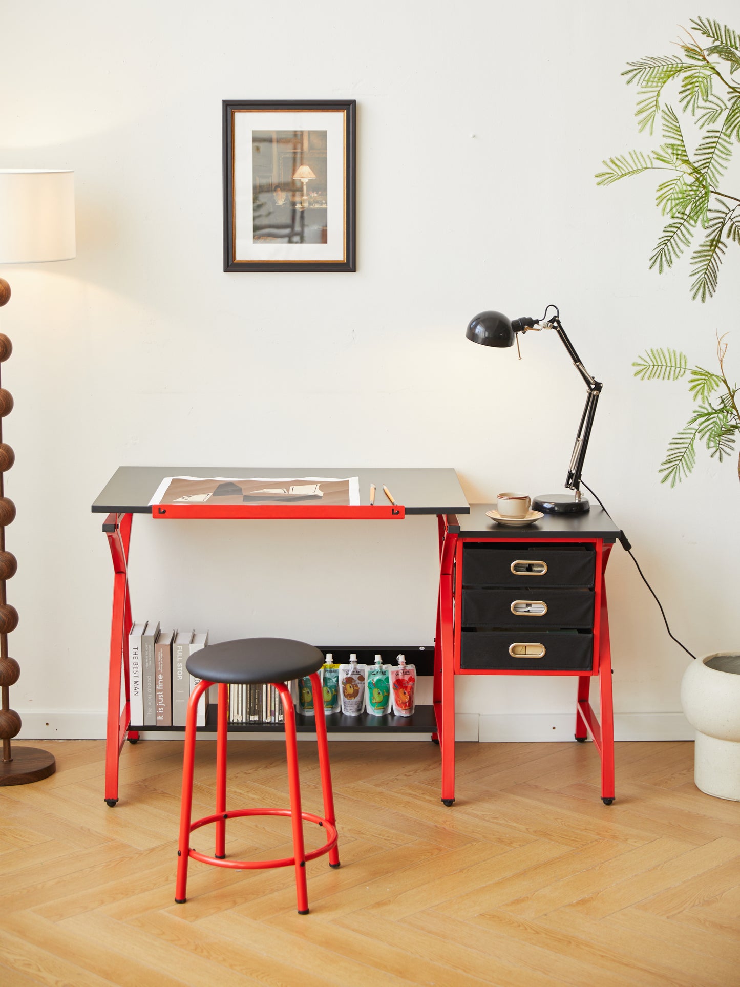 Chic Red Drafting Table Set with Stool