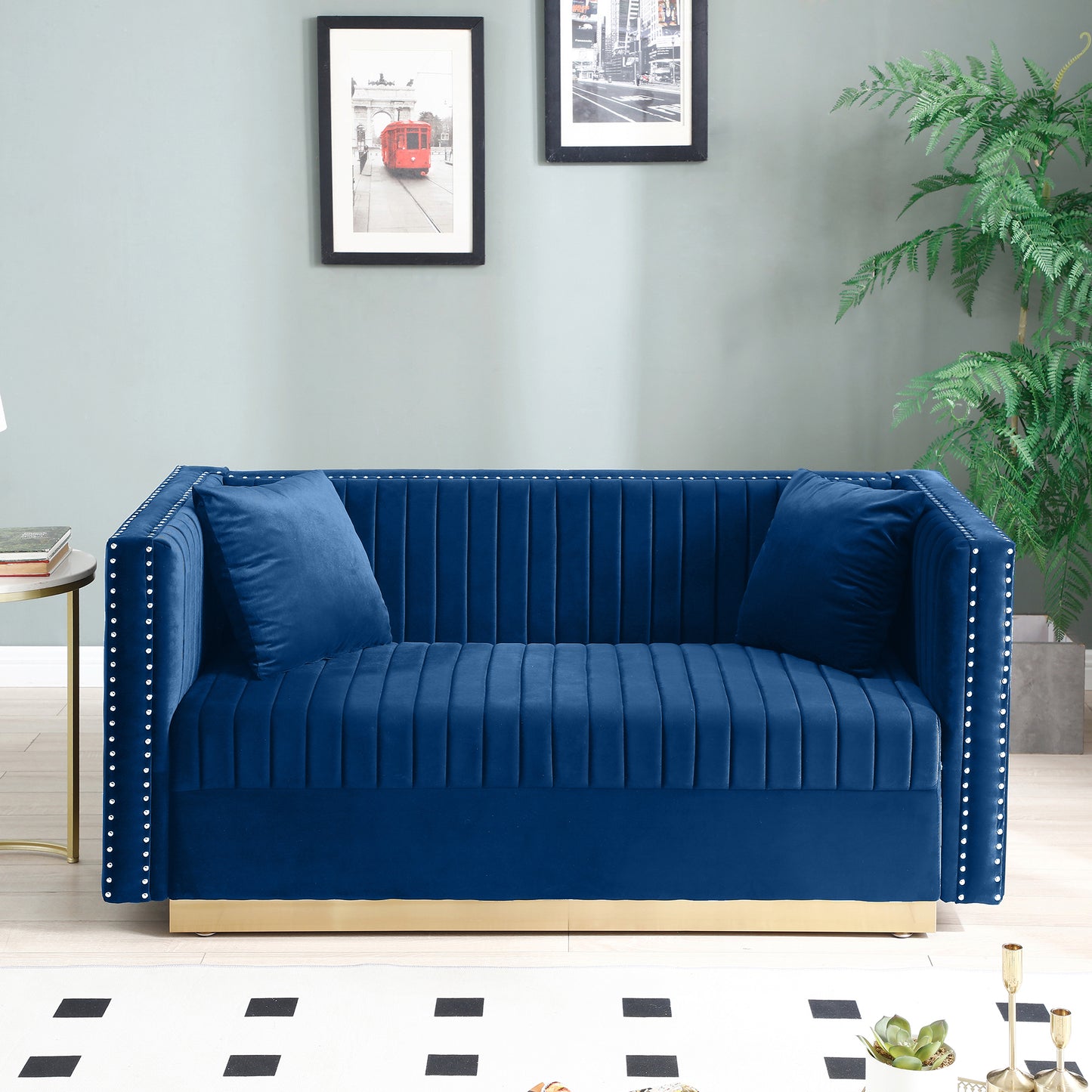 Chic Velvet Channel Tufted Loveseat in Blue