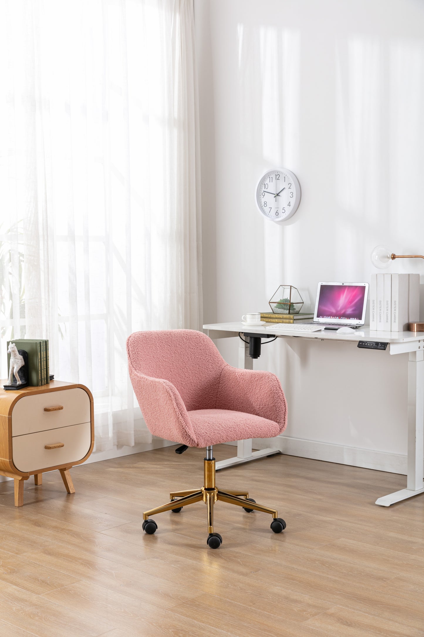 Chic Pink Teddy Swivel Chair with Gold Legs