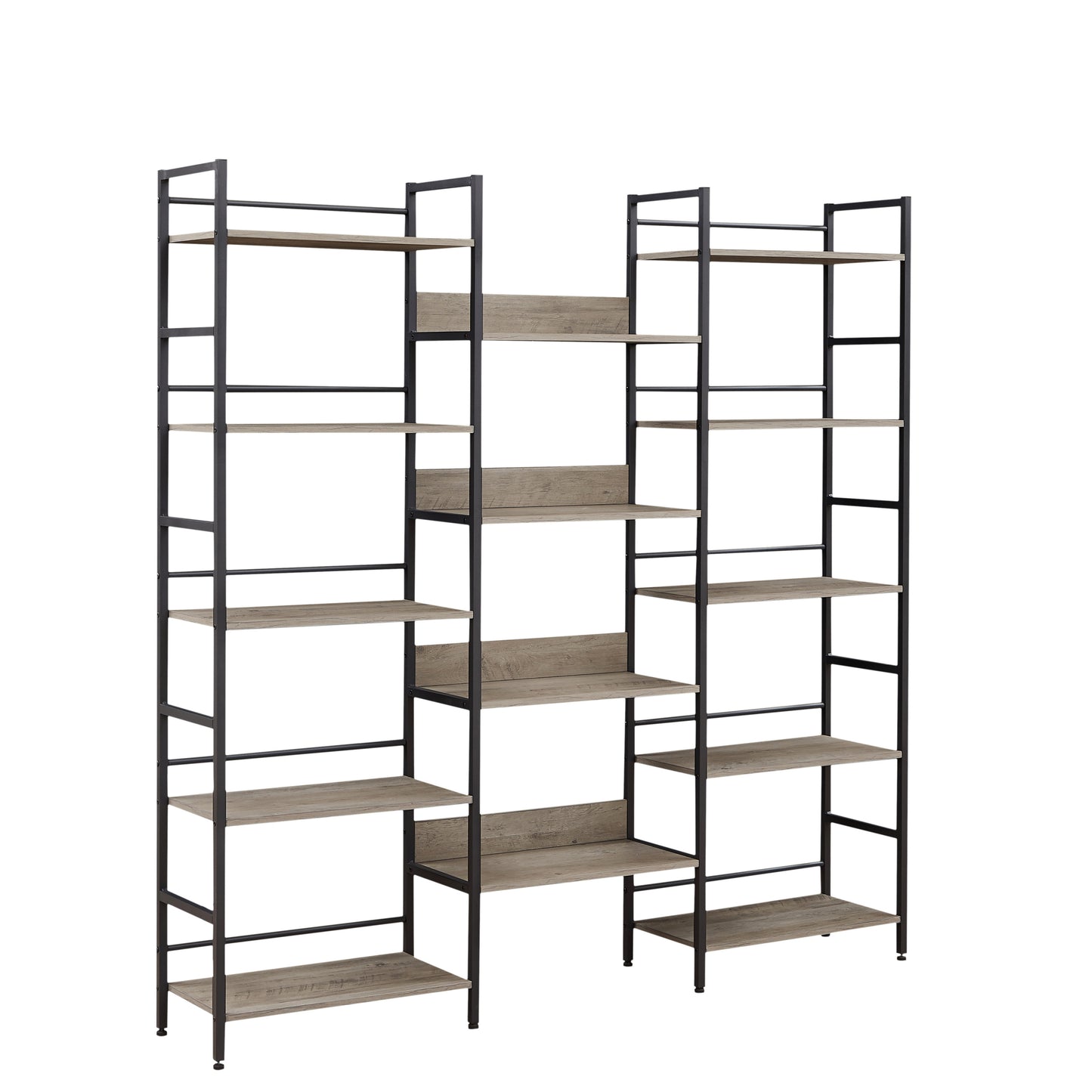 Industrial Triple Wide Wooden Bookshelf - Grey Retro Charm for Home & Office