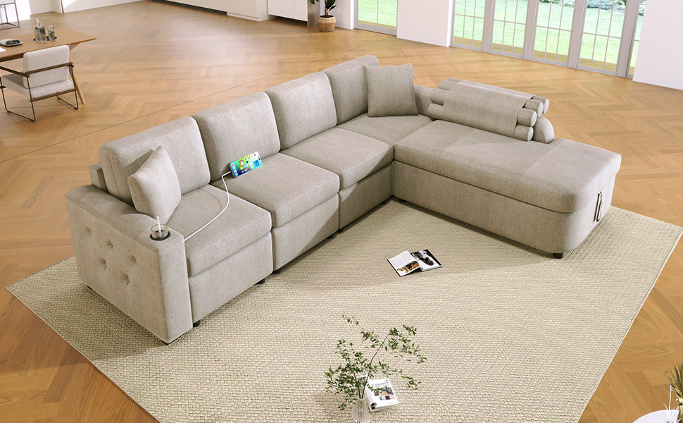 Cozy L-Shaped Sofa with Storage, Cup Holders, and USB Ports - Beige