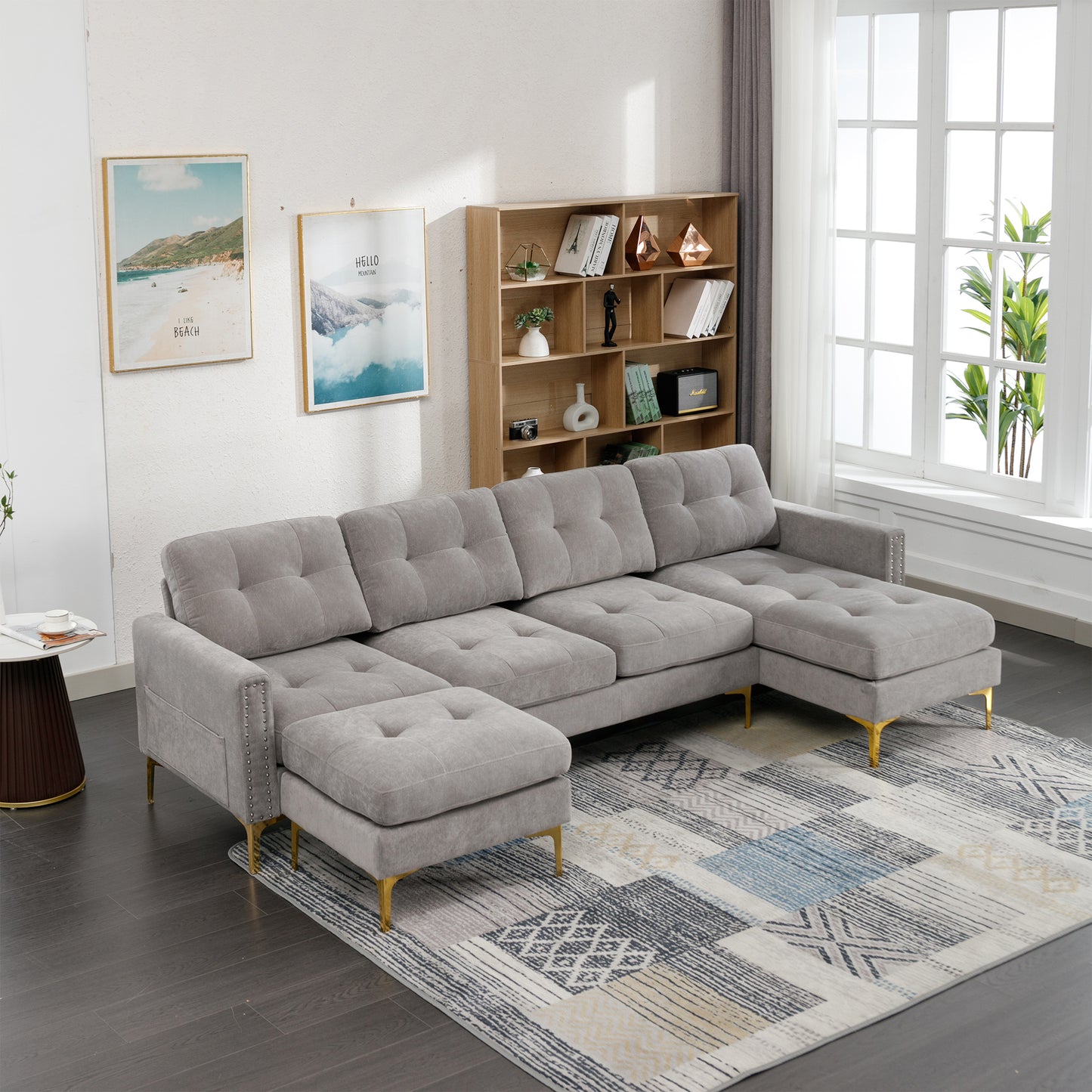 Cozy L-Shaped Sectional Sofa with Movable Ottoman - Light Grey