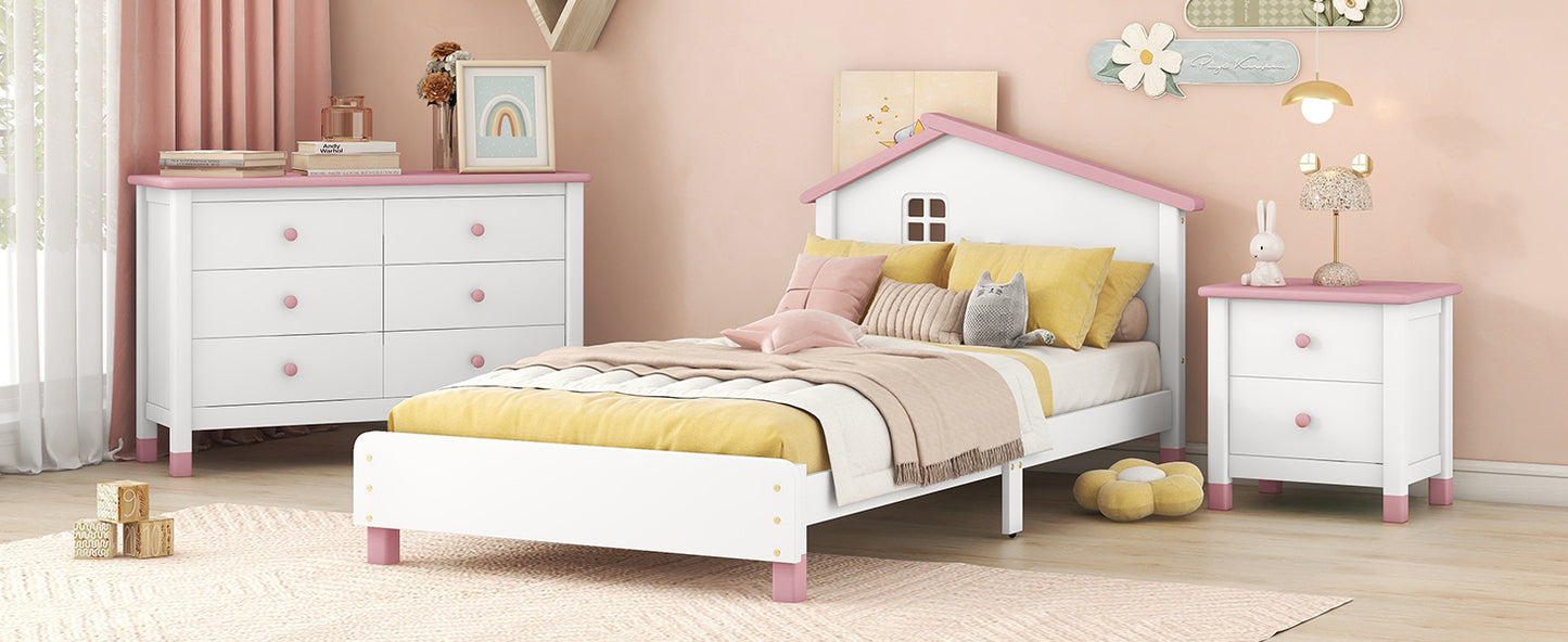 Chic Twin Bedroom Set with Nightstand and Storage Dresser in White and Pink