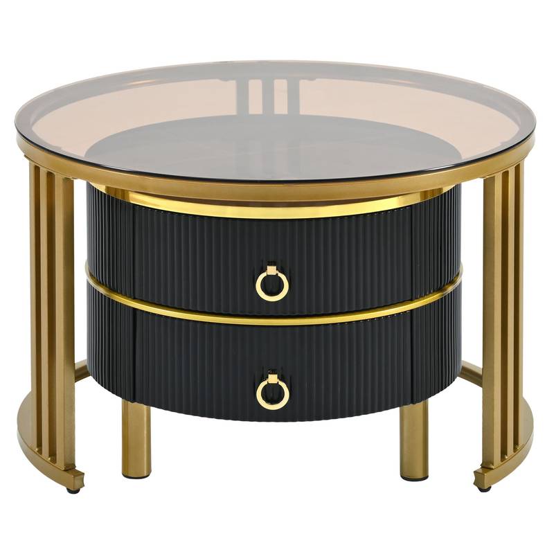 Chic Nesting Coffee Tables with Drawers - Sleek Round Design in Black and Brown Glass