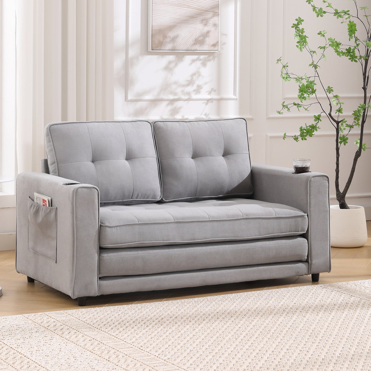 Cozy Convertible Futon Sofa Bed – Light Gray Loveseat with Side Pockets & Cup Holder