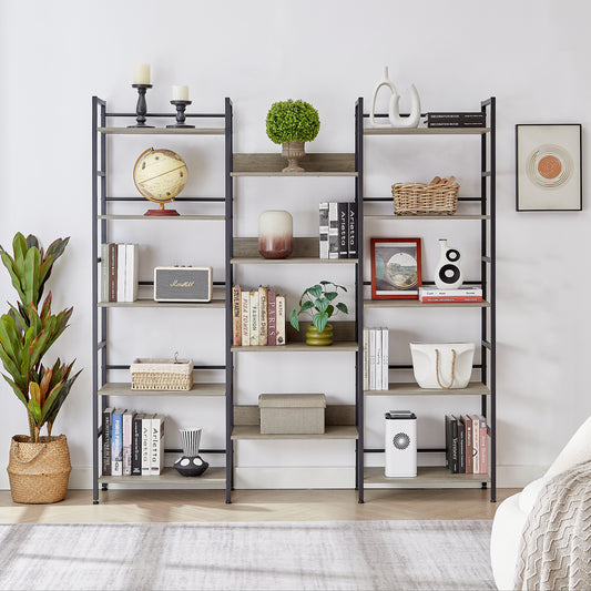 Industrial Triple Wide Wooden Bookshelf - Grey Retro Charm for Home & Office