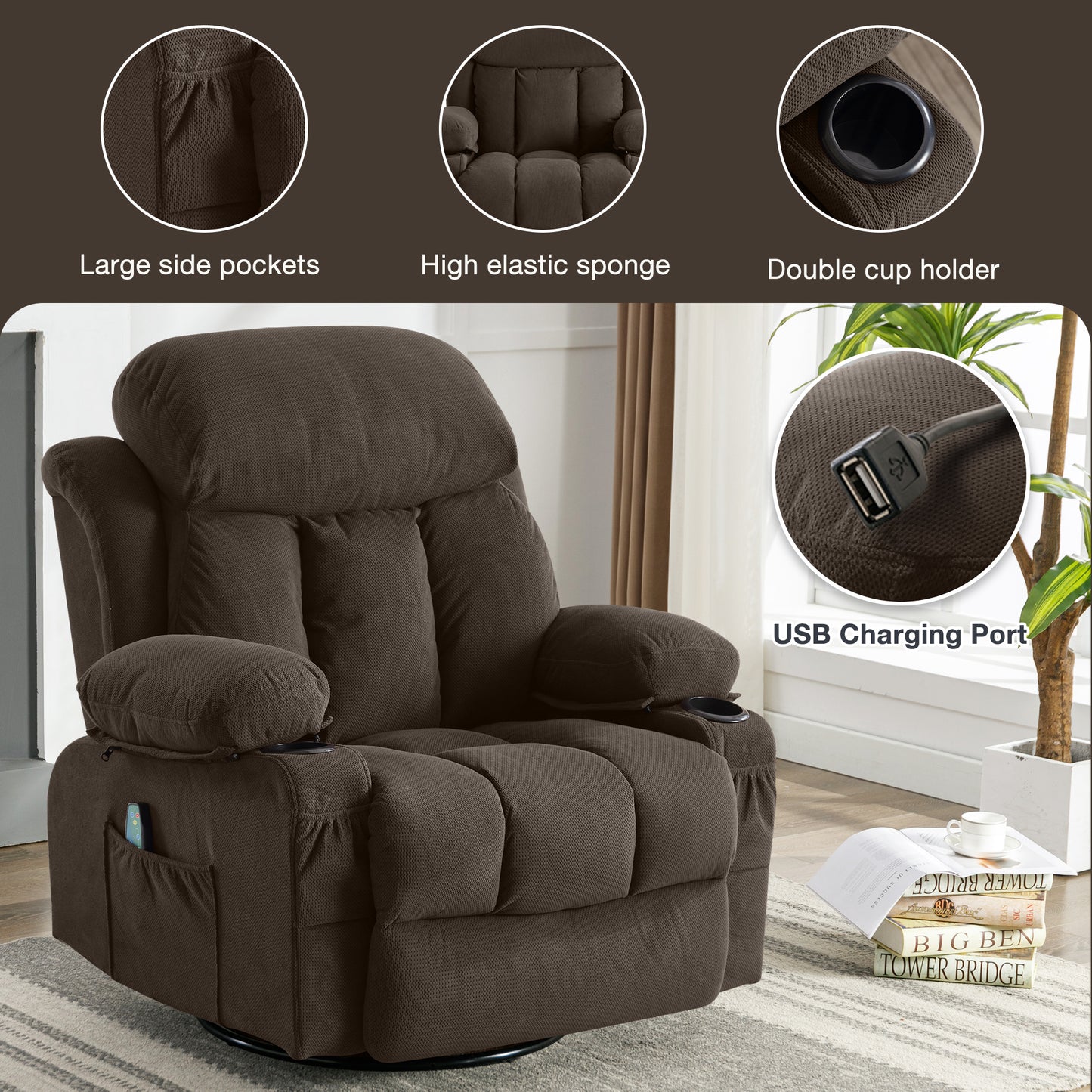 Cozy Heated Massage Recliner Sofa with USB and Cup Holders