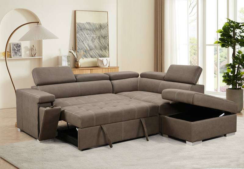 Cozy Convertible Sofa Bed with Chaise and Storage Ottoman