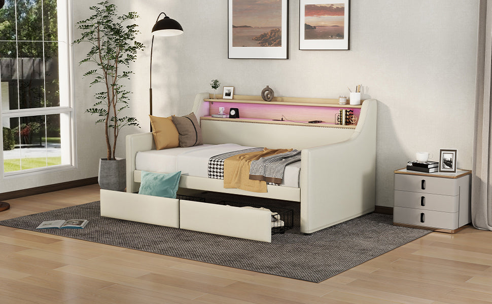 Cozy Beige Daybed with Storage & LED Lights