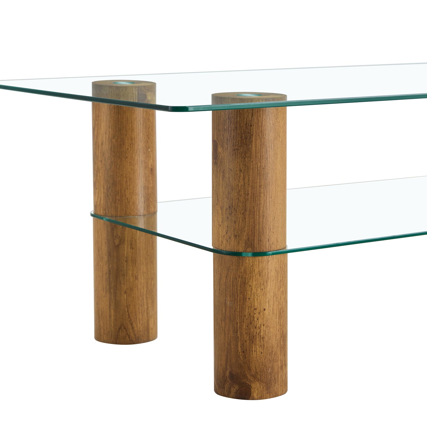 Sleek Dual-Layer Glass Coffee Table with Wooden Accents