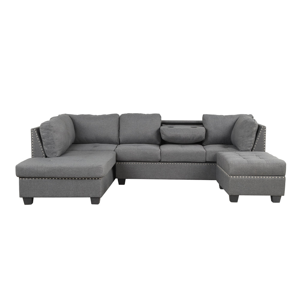 Cozy Gray Reversible Sectional Sofa with Storage Ottoman