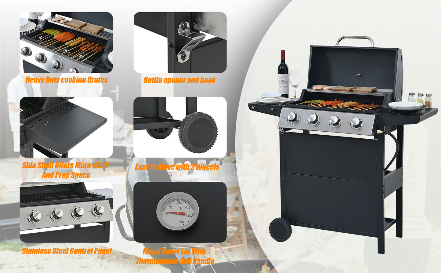 Stainless Steel 4-Burner Propane Grill with Shelves & Wheels