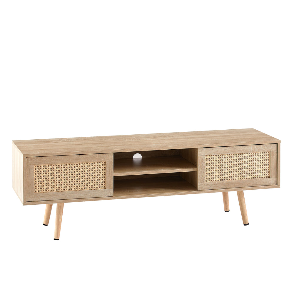 Chic Rattan TV Stand with Sliding Doors