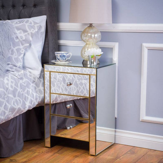 Glam Gold-Trimmed Mirrored Nightstand with Drawers