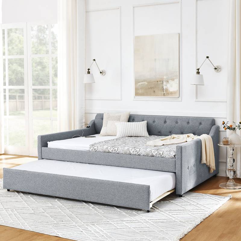 Linen Grey Daybed with Trundle and USB Charging