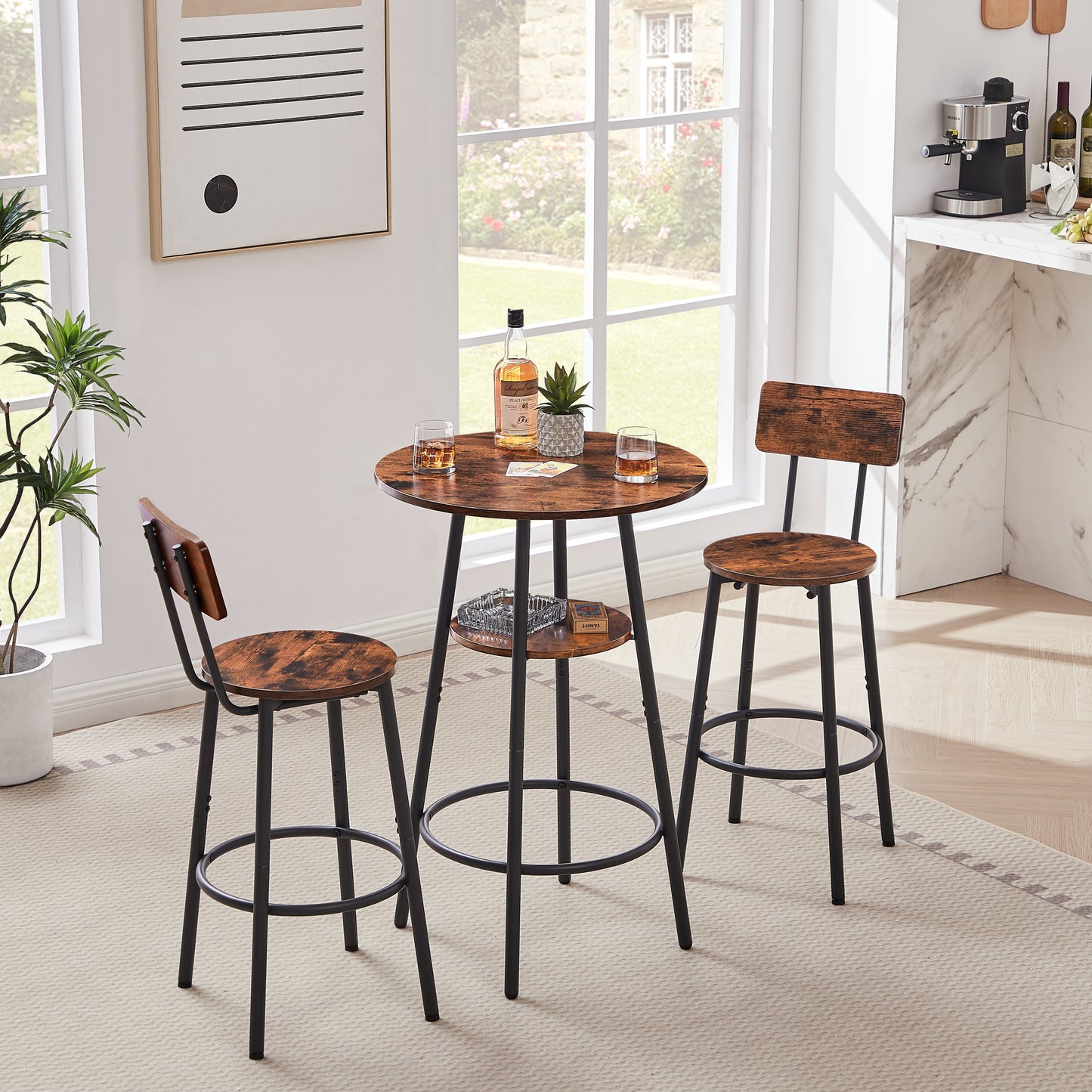 Rustic Round Bar Stool Set with Backrest and Shelves