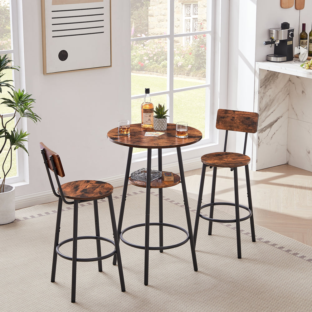 Rustic Round Bar Stool Set with Backrest and Shelves