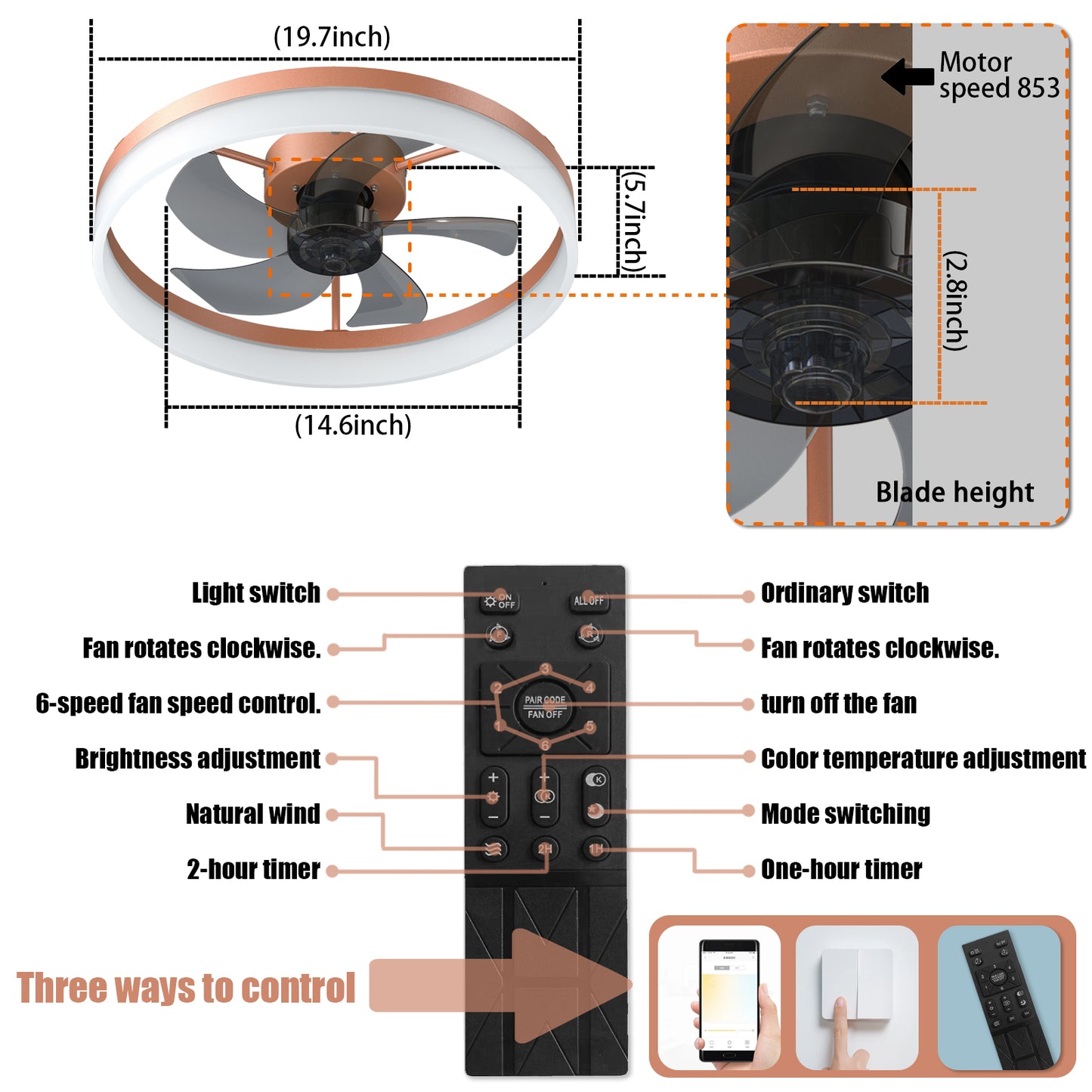 Dimmable Rose Gold Ceiling Fan with LED Lights