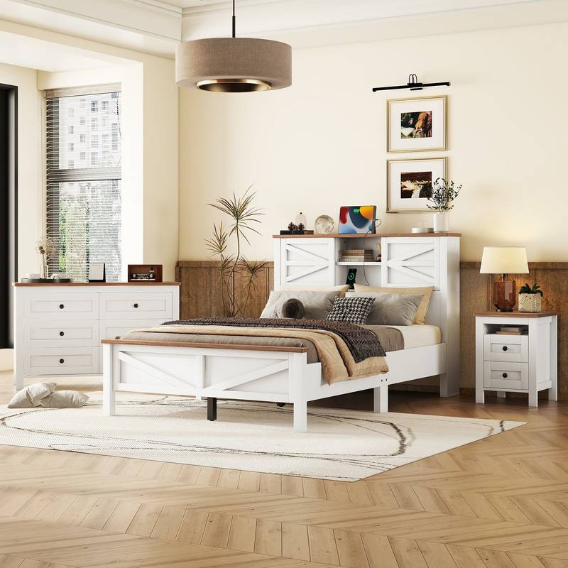 Cozy Farmhouse Bedroom Set with Storage and Charging Station