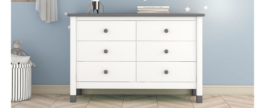 Charming Kids' Wooden Dresser with Six Drawers - White & Gray Storage Delight