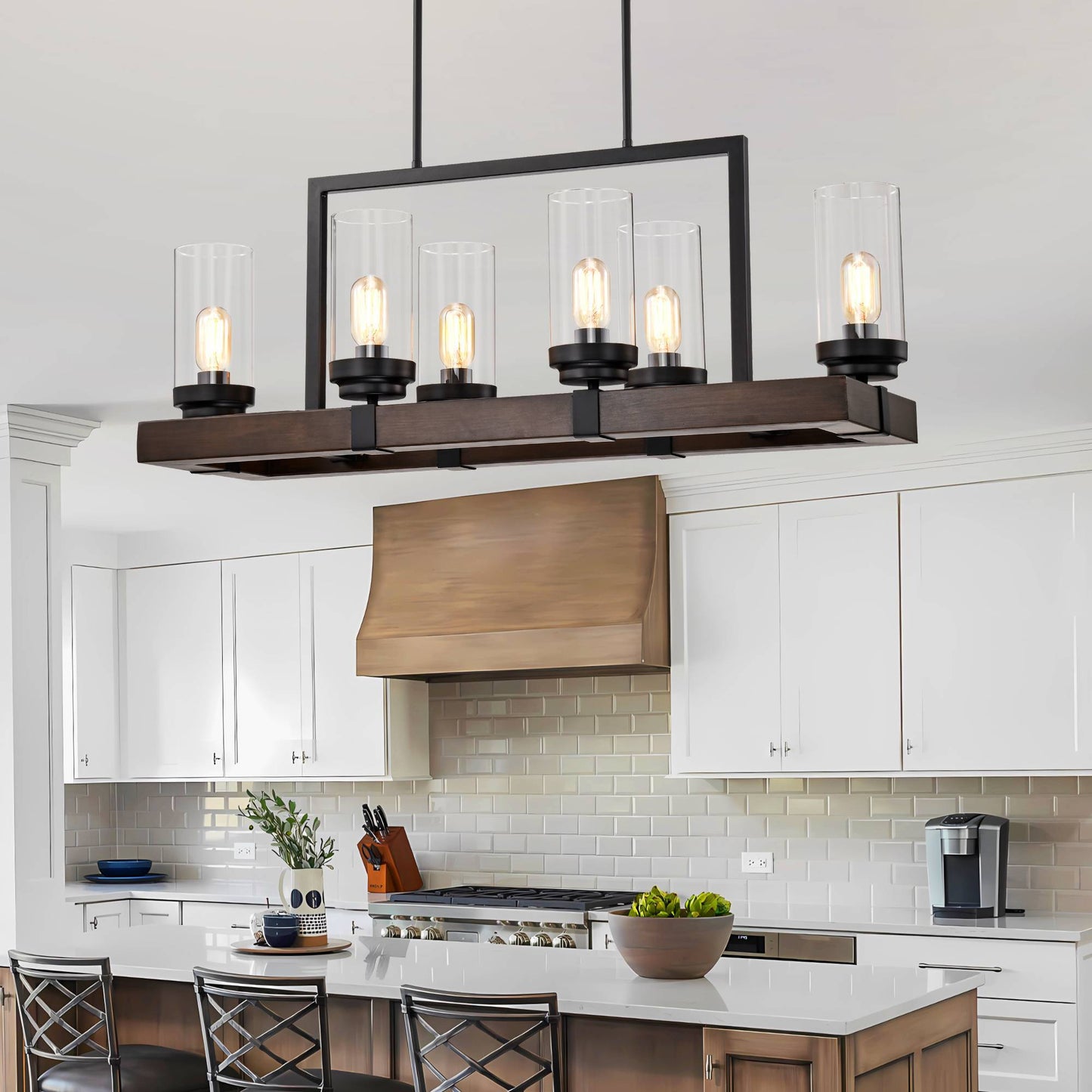 Modern Matte Black & Wood Chandelier - Adjustable 6-Light Pendant