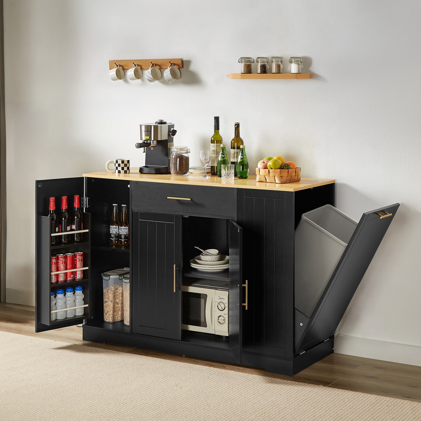 Stylish Kitchen Island with Trash Can Storage & Drawer