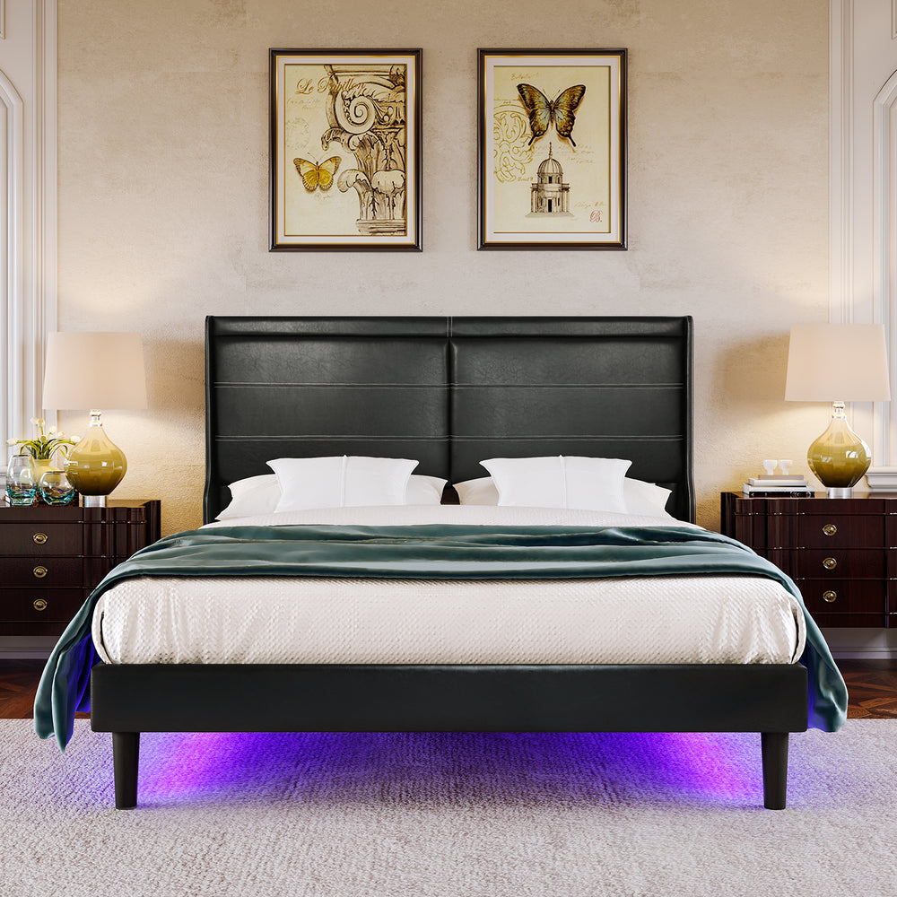 Luxurious Black Queen Bed with LED Lights and Wing-Back Headboard