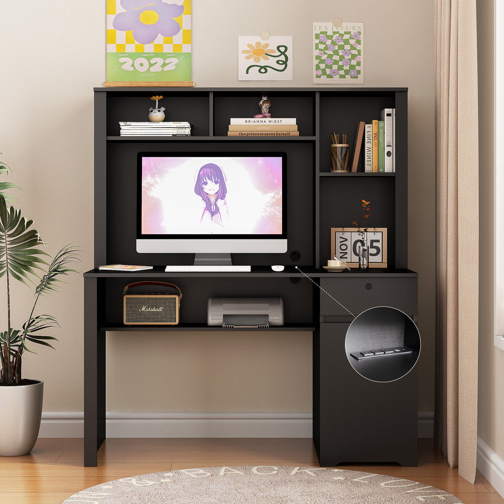 Smart Black Writing Desk with Hutch and Charging Ports