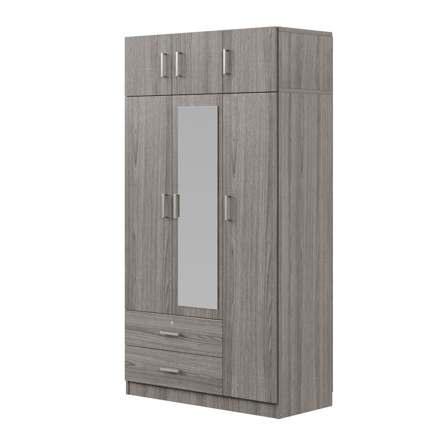 Stylish Gray 3-Door Wardrobe with Drawers and Cabinet