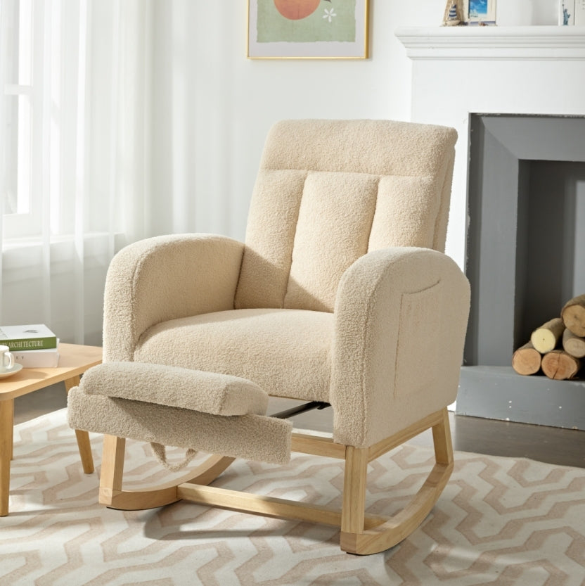 Cozy Rocking Chair with Wood Legs & Adjustable Footrest