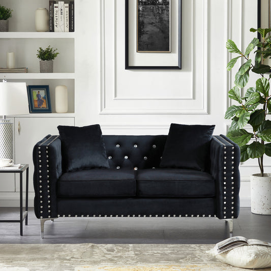 Luxurious Black Velvet Jewel Button Sofa with Pillows