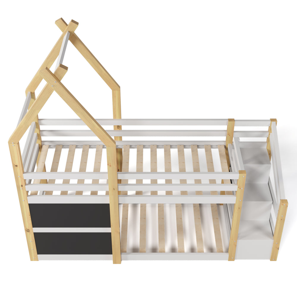 Cozy Twin House Bunk Bed with Storage Steps & 2 Fun Blackboards