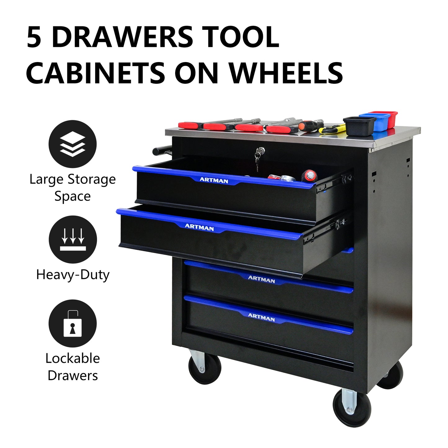 Rolling Tool Cart with 5 Drawers - Black & Blue